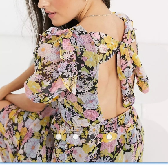Neon Rose midi dress with tiered ruffle skirt and bow back in floral - Picture 4 of 7